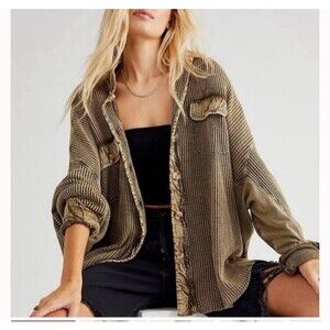 Free People One Scout Jacket XS/S Waffle Knit Oversized Button Down Army Green